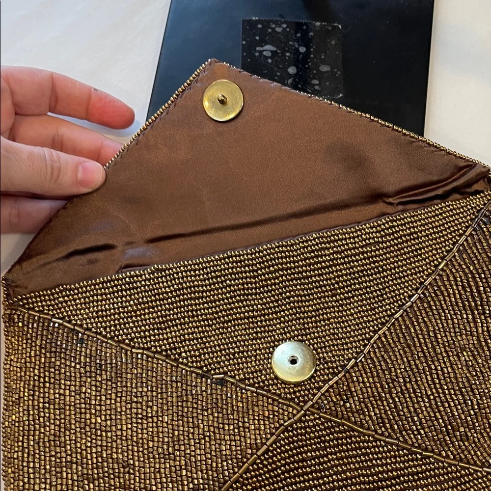 Elegant Brown Beaded Clutch envelope style snap closure
